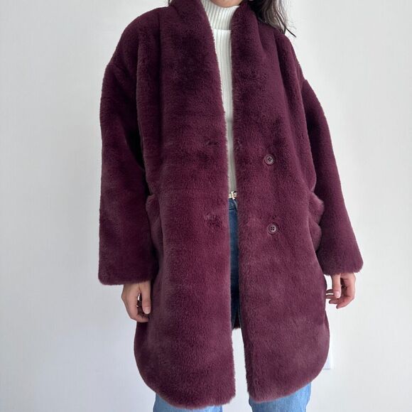 Abercrombie & Fitch Coat Womens Medium Faux Fur Shearling Teddy Burgundy Wine - Picture 2 of 11